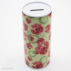 Green Kids Iron <em>Money</em> <em>Box</em> Shaped in cylinder with Red Flowers Pattern