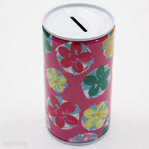 Pink Kids Iron <em>Money</em> <em>Box</em> Shaped in cylinder with Colorful Flowers Pattern