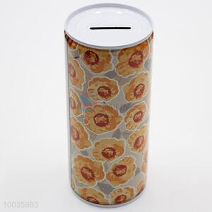 Khaki Kids Iron <em>Money</em> <em>Box</em> Shaped in cylinder with Orange Flowers Pattern