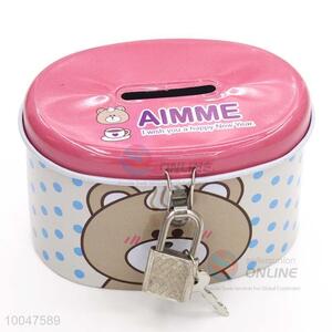 Cute tinplate money box with lock printed animal pattern