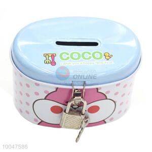 Cute blue tinplate money box/saving pot with lock