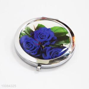 Blue Rose Round Foldable Pocket Epoxy Sticker Mirror/Makeup Mirror