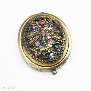 Hollow Out Rose Dragonfly Pattern Round Metal Pocket Makeup Mirror