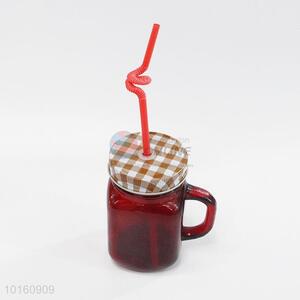 Promotional Glass Jar Storage Bottle with Handle and Straw