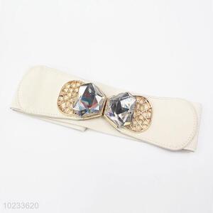 Big Rhinestone Bowknot Design White Pu Leather Women Elastic Woven Belt