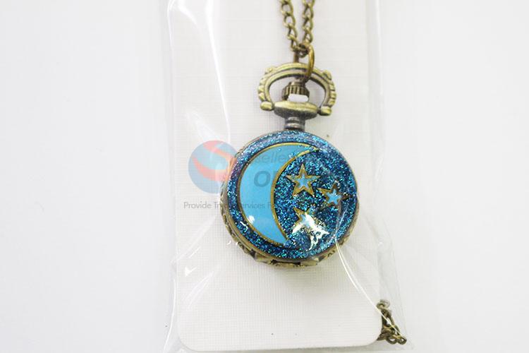 Blue Color Moon Star Pattern Quartz Pocket Watches with Chain