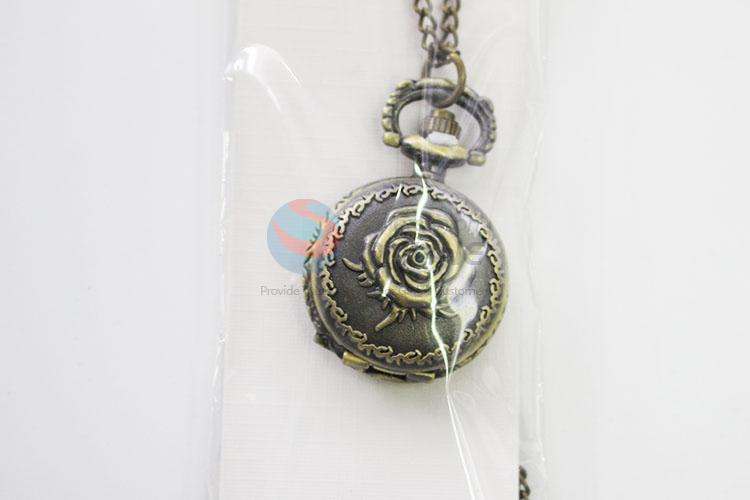 Bronze Metal Flower Pattern Quartz Pocket Watches with Chain