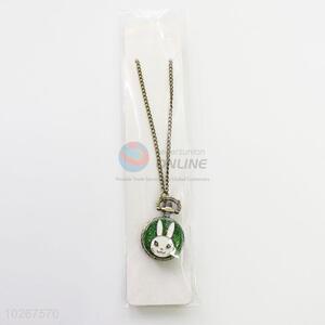 Rabbit Pattern Green Metal Quartz Pocket Watches with Chain