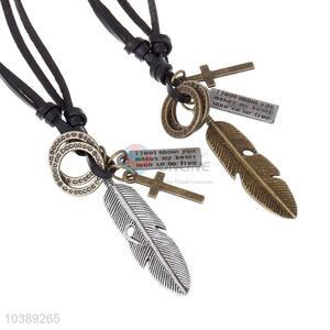 New Style Alloy Feather Pendant Leather Necklace