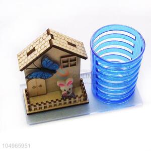 Best Low Price Wooden House Model Craft with Plastic Pen Container