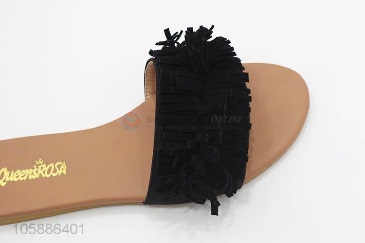 Superior quality stylish women faux suede fringe peep toe slippers