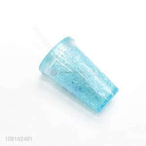 Good quality creative summer double-layer water cooling cup with straw