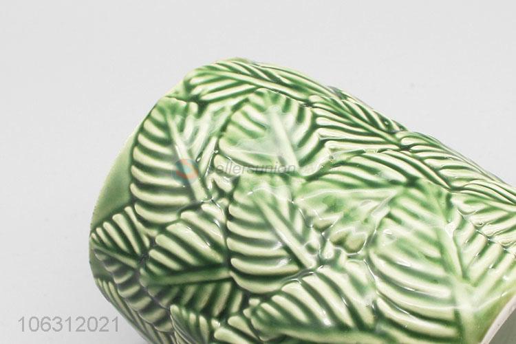 Factory price leaf embossed design green ceramic vase