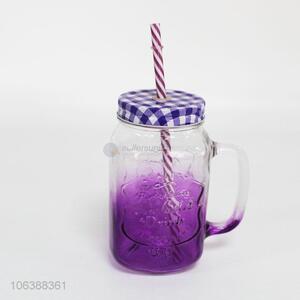 Hot selling fashion colored glass cup with handle, lid and straw