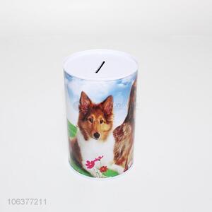 Wholesale cylindrical dog printed iron money box for kids