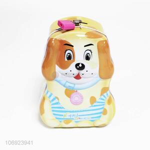 New design kids cartoon dog shape tin money box with lock & keys