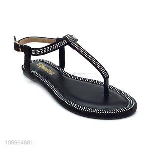 Hot sale clear rhinestones black pu lather thong sandal for women