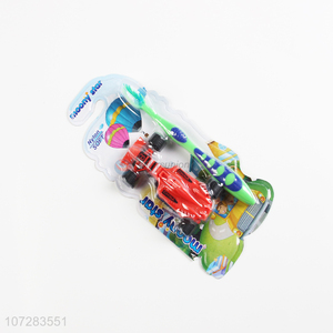 Latest design kids plastic toothbrush with toy 4-wheel racing car toy