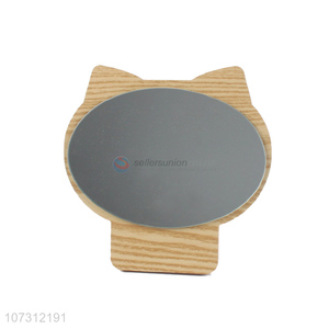 Lovely design cat shape plastic makeup mirror wood grain mirror