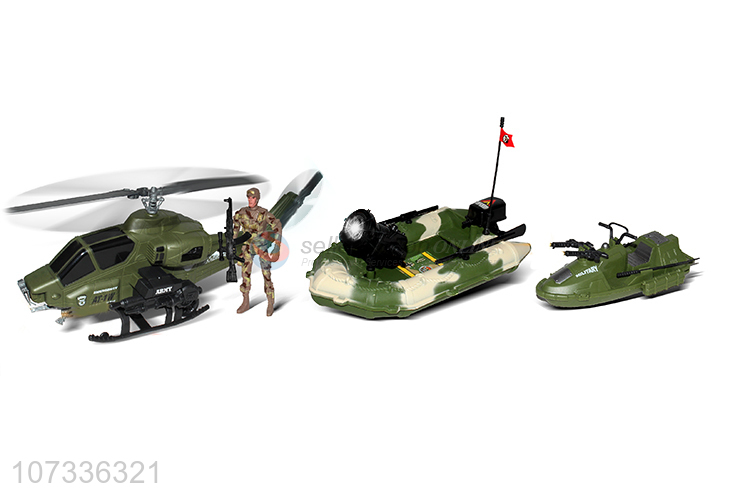 Good Sale Missile Vehicle Inertia Tank/Helicopter Rubber Boat Speedboat Toy Set