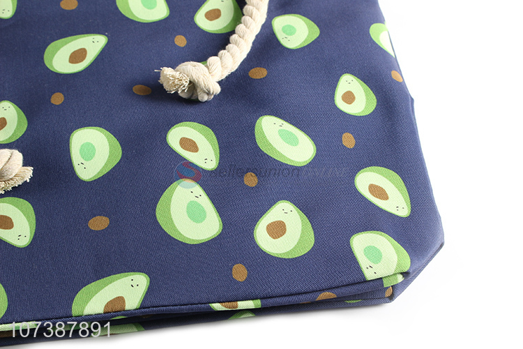 Popular Avocado Pattern Zipper Canvas Shopping Bag With Rope Handle