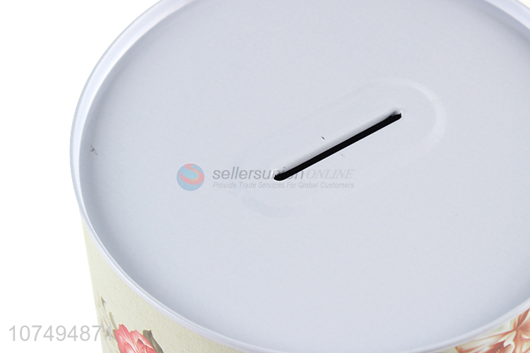 Low price flower printed round metal money box tin coin bank