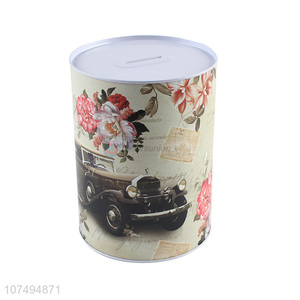 Low price flower printed round metal money box tin coin bank