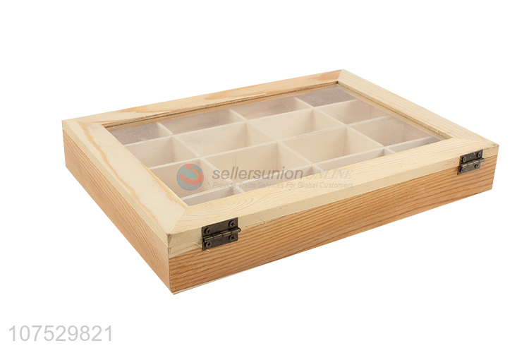 Factory price 16 compartments wooden jewellry box with glass window lid