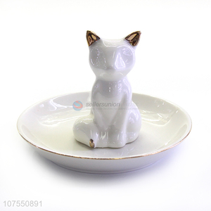 Direct Price Jewelry Ring Holder White Ceramic Plate With White Fox Decoration