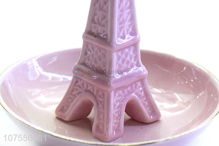 Hot Selling Creative Eiffel Tower Design Pink Ceramic Plate For Holding Jewelry