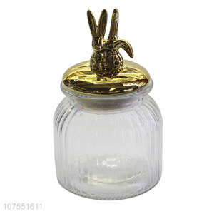 Reasonable Price Clear Glass Storage Jar With Two Rabbit Gold Ceramic Lid