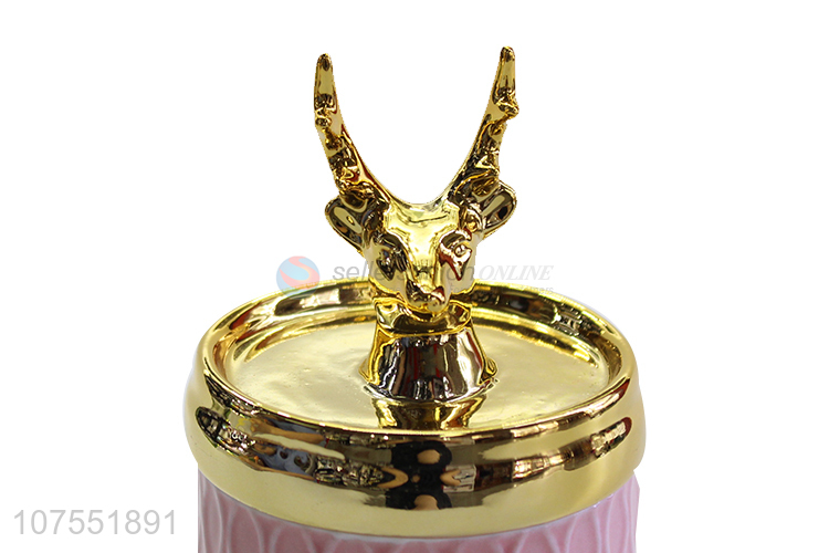 New Design Pink Ceramic Storage Jar With Gold Deer Ceramic Lid