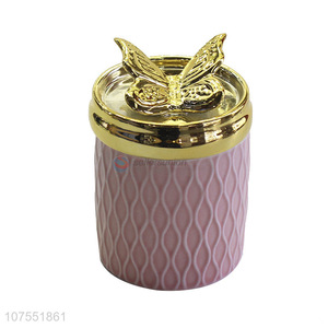 Unique Design Pink Ceramic Storage Jar With Gold Butterfly Ceramic Lid