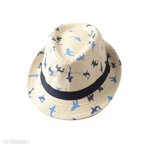 High quality dolphin printed beach straw fedora hat summer outdoor sunhat