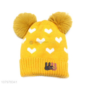 Hot sale children fleece lined beanies winter jacquard pompoms skull cap