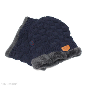 Factory price men winter beanie hat neck warmer set with fleece lining