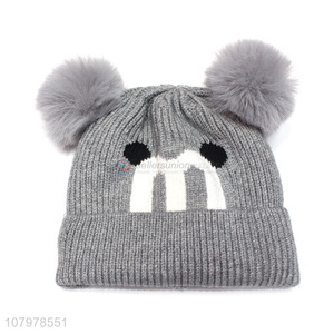 Hot items children winter thick pom pom beanie hat with fleece lining