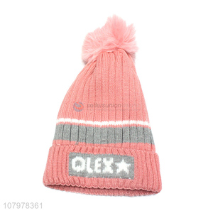 China supplier children pom pom hat winter knitted beanie with fleece lining