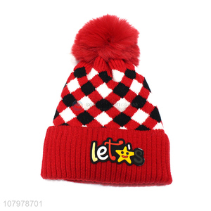 New hot sale kids winter fleece lined knitted beanie with faux fur pom pom