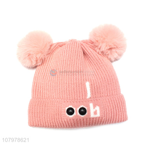 Yiwu market kids winter fleece lined knitted beanie cap with pom poms