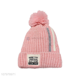 Yiwu market women fleece lined beanies ladies winter soft pompoms skull cap