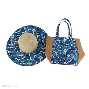 Custom Wide Brim Straw Hat With Beach Tote Bag Set