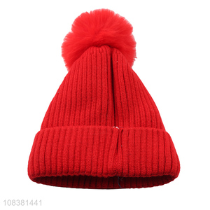 Popular Red Knitted Hat With Pom Pom Ball For Kids