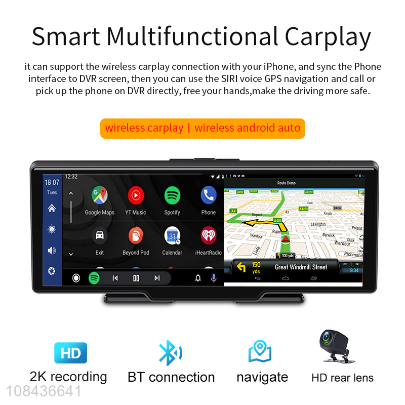 Wholesale 10inch touch screen front 2K+back 1080P wireless carplay,wireless android auto dash camera