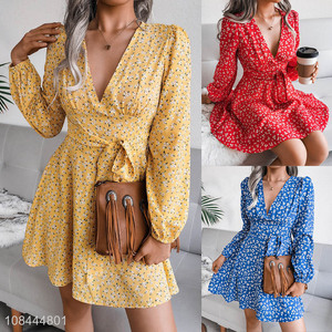 Recent design V neck long sleeve slinky chiffon dress women casual dress