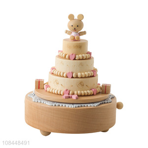 Wholesale bear cake music box beech wooden rotating musical box birthday gifts