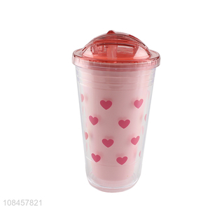 Wholesale heart printed double walls plastic water tumbler with straw & lid