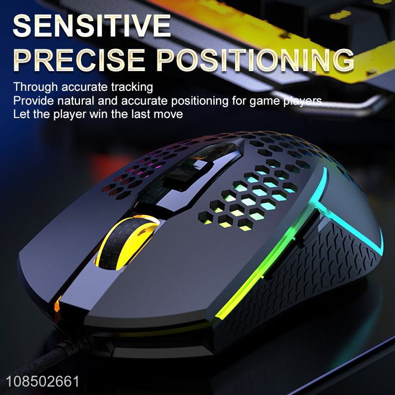 Wholesale ergonomic design 6 buttons colorful light wired gaming honeycomb mouse