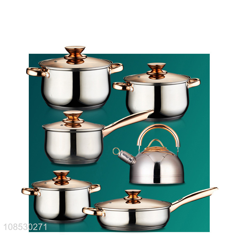 Wholesale 6pcs stainless steel cookware set with soup pot milk pot frying pan non-stick pot water kettle