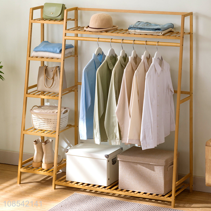 Wholesale multi-function bamboo clothing rack stand with storage shelves